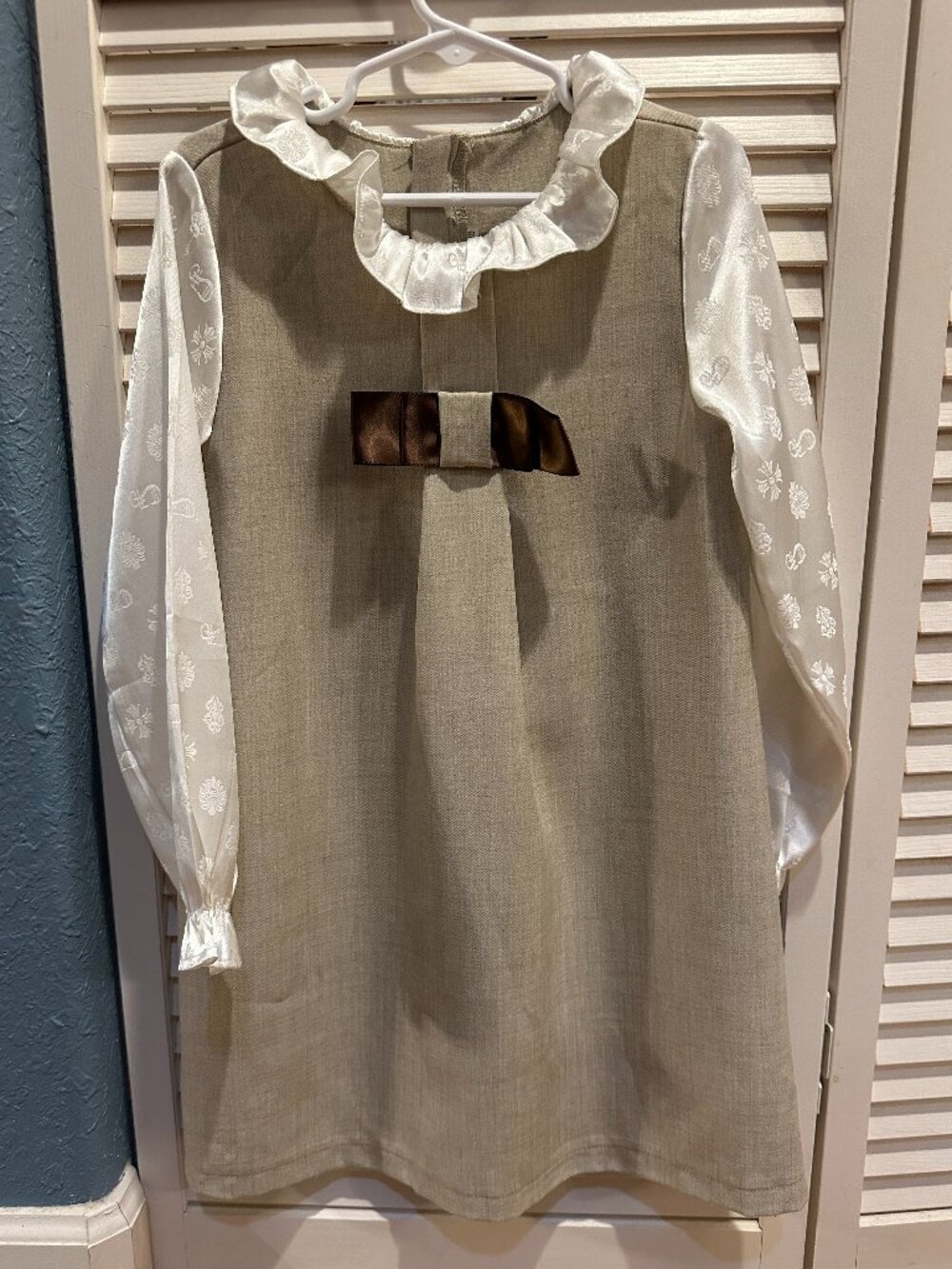Girls Academia Preppy European Ruffle Satin Sleeve Bow A Line Dress Beige